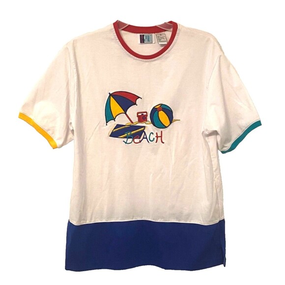 Vtg BOLD SPIRIT Ringer T-Shirt M White Blue Red BEACH Embroidered Colorful Retro - Picture 1 of 7